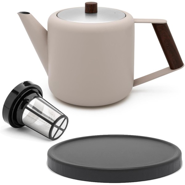 Bredemeijer doppelwandige Edelstahl Teekanne 1.1 Liter beige mit Teefilter & Holzuntersetzer schwarz