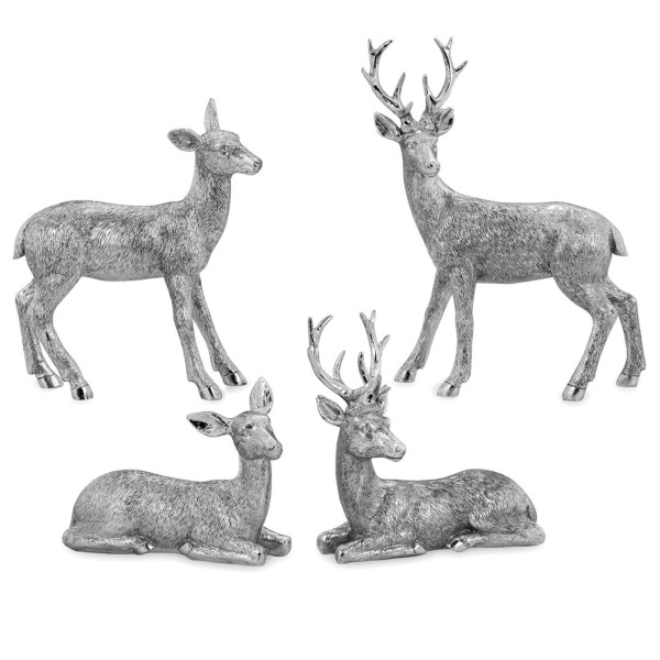 Deko Hirsch Figuren Set 4-teilig liegend & stehend Kunststein silber Dekofiguren in Felloptik