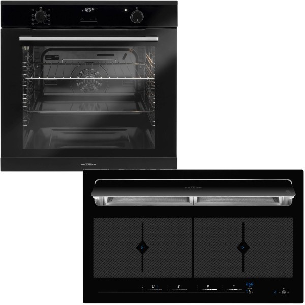 Oranier schwarzes Einbaubackofen Pyrolyse Set & Flächen Induktionskochfeld KFL 2094 bc Umluft