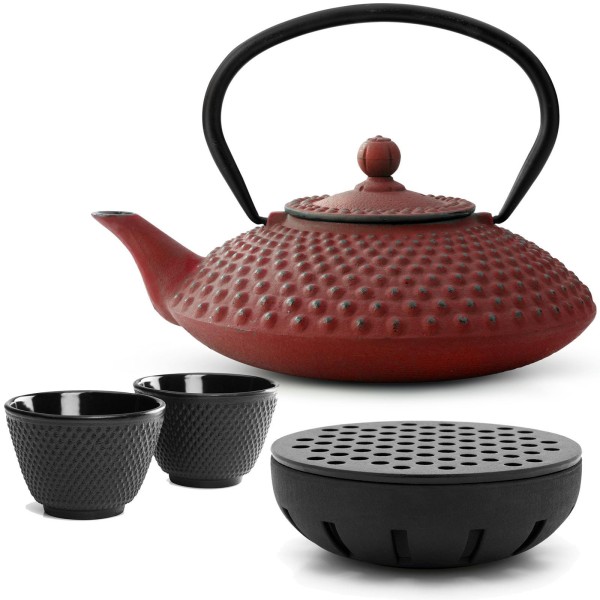Bredemeijer Gusseisen Teekanne 1250 ml rot Teekannen Set mit Teewärmer & 2 Teebecher