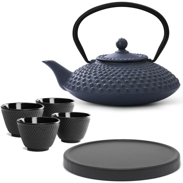 Bredemeijer Gusseisen Teekanne 1250 ml blau Teekannen Set mit Holz Untersetzer & 4 Teebecher