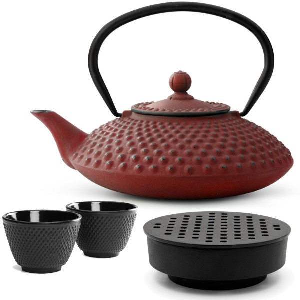 Bredemeijer gusseiserne Teekanne 1250 ml rot Teekannen Set mit Guss Stövchen & 2 Teebecher