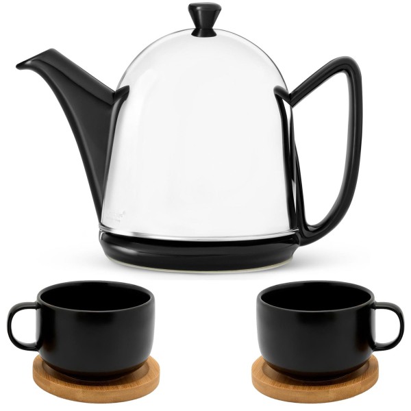Bredemeijer schwarze Teekanne glänzend Keramik Set mit Teetassen inkl. Untersetzer 2