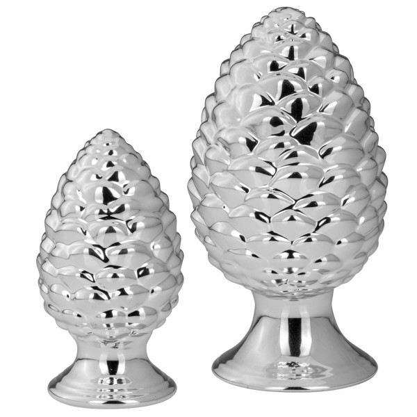 Deko Tannenzapfen Set auf Fuß ca. 22 & 14 cm hoch Porzellan Pinienzapfen silber glänzend