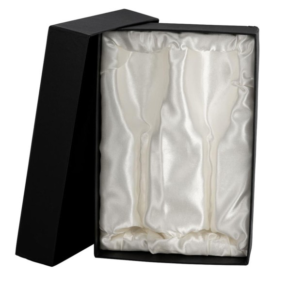 schwarze edle Geschenkbox für 2 Sektgläser mit Satinverkleidung
