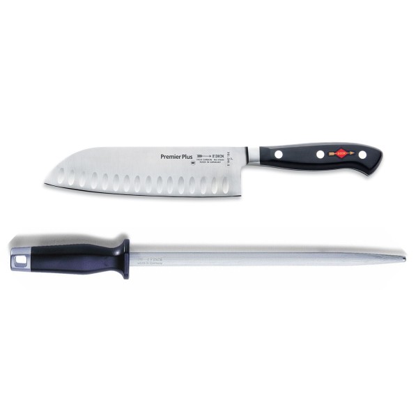 Dick Premier Plus Santoku Messer 18 cm Kullenschliff & runder Standard Wetzstahl 25 cm