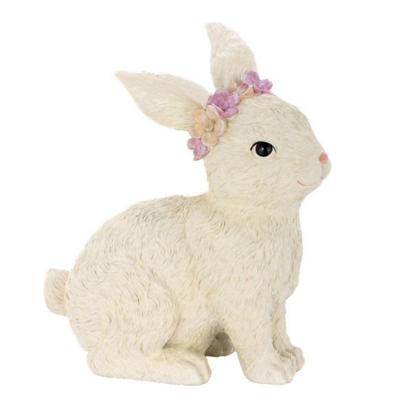 Große Osterhasen Figur 30 cm beige sitzendes Kunststein Deko Häschen mit Blumenkranz