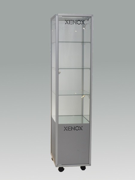 Glas-Standvitrine Ausstellung mit Staufach abschließbar 50 cm ohne Spiegelrückwand / auf Rollen