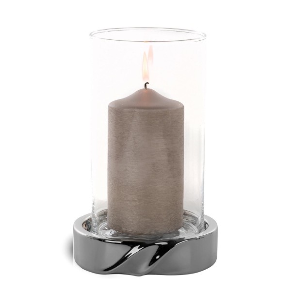 Fink großes Glas-Windlicht Ø 15 cm Stumpenkerzenhalter mit silbernem Keramik-Fuß - Art.-Nr. 128045