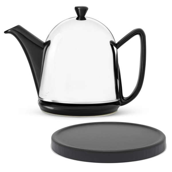 Bredemeijer schwarze Keramik Teekanne mit Sieb 1 Liter glänzend & Holzuntersetzer schwarz