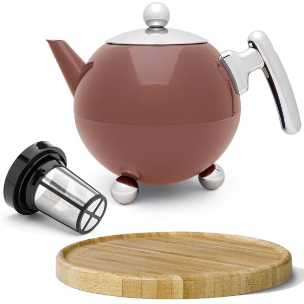 Bredemeijer rosa bauchige doppelwandige Edelstahl Teekanne 1.2 Liter Filter & brauner Holzuntersetzer