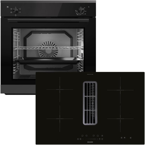 Oranier Einbaubackofen Set autark & 80 cm Induktionskochfeld KFA390 mit Dunstabzug EBS220 Drehknebel