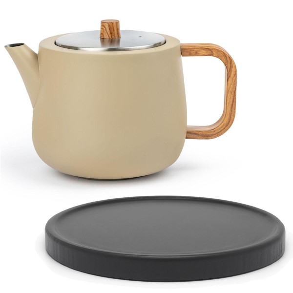 Bredemeijer Edelstahl Teekanne 1,1 Liter beige doppelwandig mit Teefilter-Sieb & Untersetzer schwarz