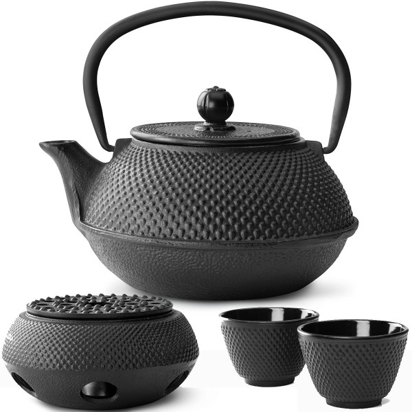 Teekanne Set Gusseisen Teekessel 0,8 Liter mit Stövchen und 2 Teebecher schwarz