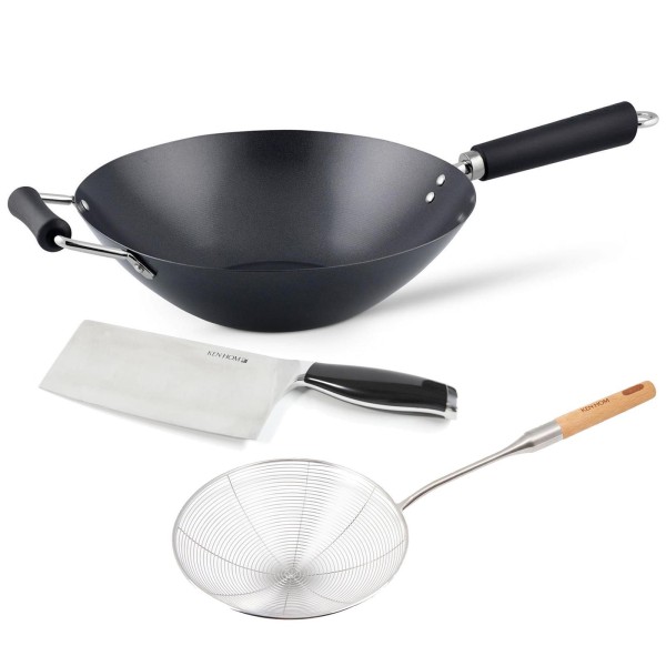 Ken Hom 3-tlg. Wok Set Induktion 31 cm Karbon Antihaft mit Schaumlöffel & Hackmesser