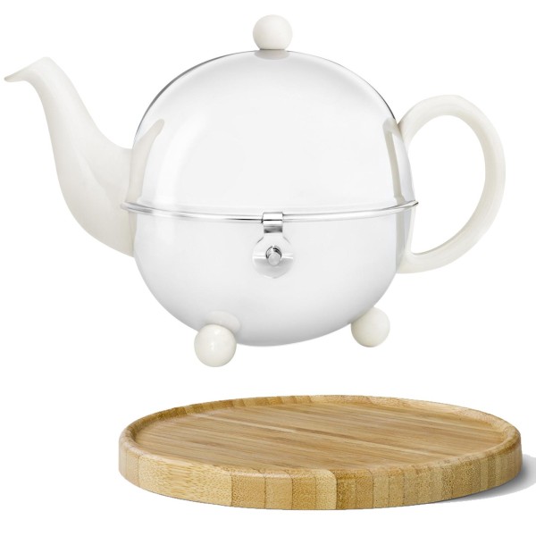 Bredemeijer weiße Keramik Teekanne mit Sieb 0.9 Liter glänzend & Holzuntersetzer braun