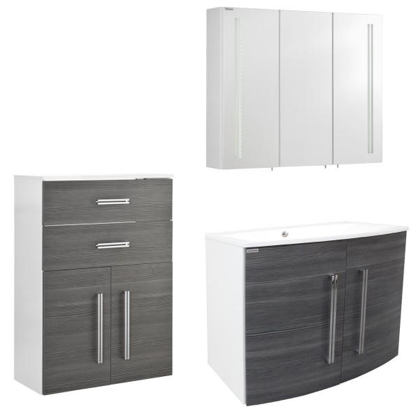 Fackelmann graues 4-tlg. Badezimmermöbel Set Lugano mit Gussbecken & LED Spiegelschrank