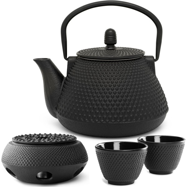 kleine schwarze asiatische gusseiserne Teekanne 1.0 L Set Stövchen & 2 Teebecher