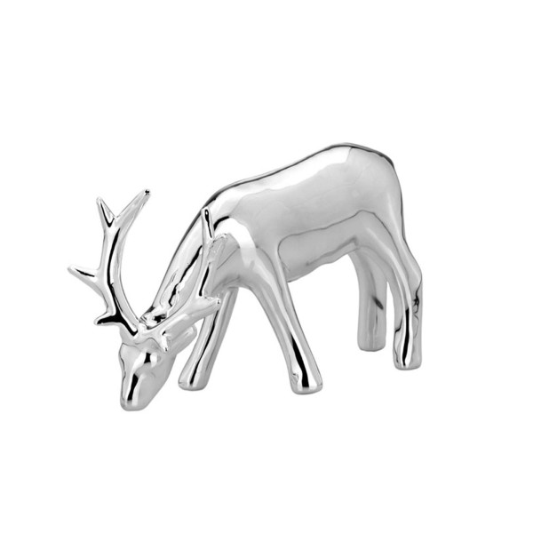 kleines stehendes Deko Rentier äsend 15.5x6.3x9.0 cm aus Porzellan silbern galvanisiert