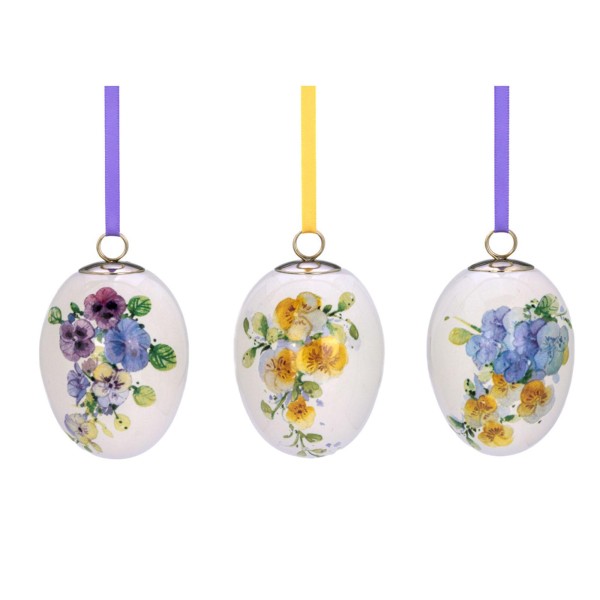 Deko Ostereier 3-teilig 7.5 x 5.5 cm aus Keramik mit Blumen-Dekor & farbigen Band - Eier zum Aufhängen - Art.-Nr. 5484