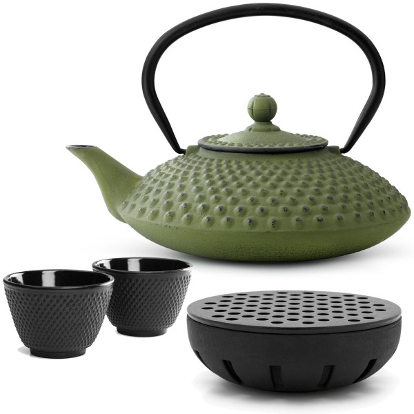Bredemeijer Gusseisen Teekanne 1250 ml grün Teekannen Set mit Teewärmer & 2 Teebecher