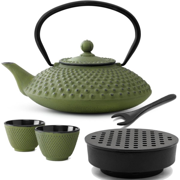 Bredemeijer grünes Asia Gusseisen Teekannen Set 1.25 Liter - Teebereiter mit Deckelheber & Stövchen & Teebecher