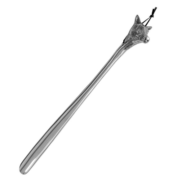 Langer Schuhlöffel mit Wildschwein-Kopf aus Aluminium Schuhanzieher 56 cm
