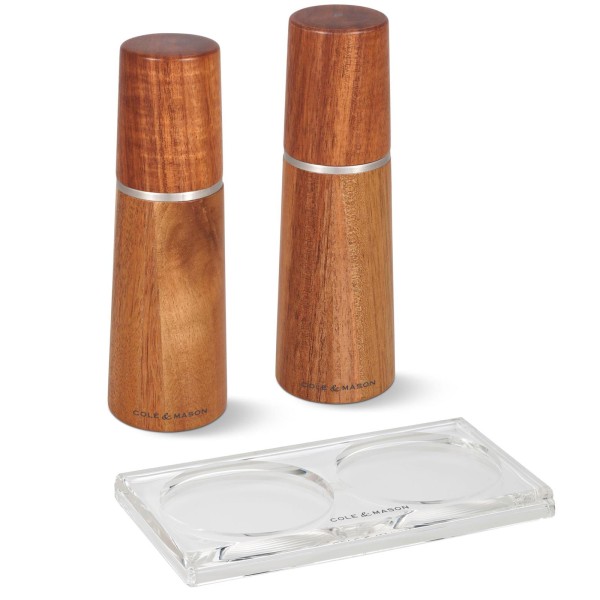 Cole & Mason 3-tlg. Gewürzmühlen Set Salz & Pfeffer 18.5 cm gebeiztes Akazienholz mit Acryl Tablett