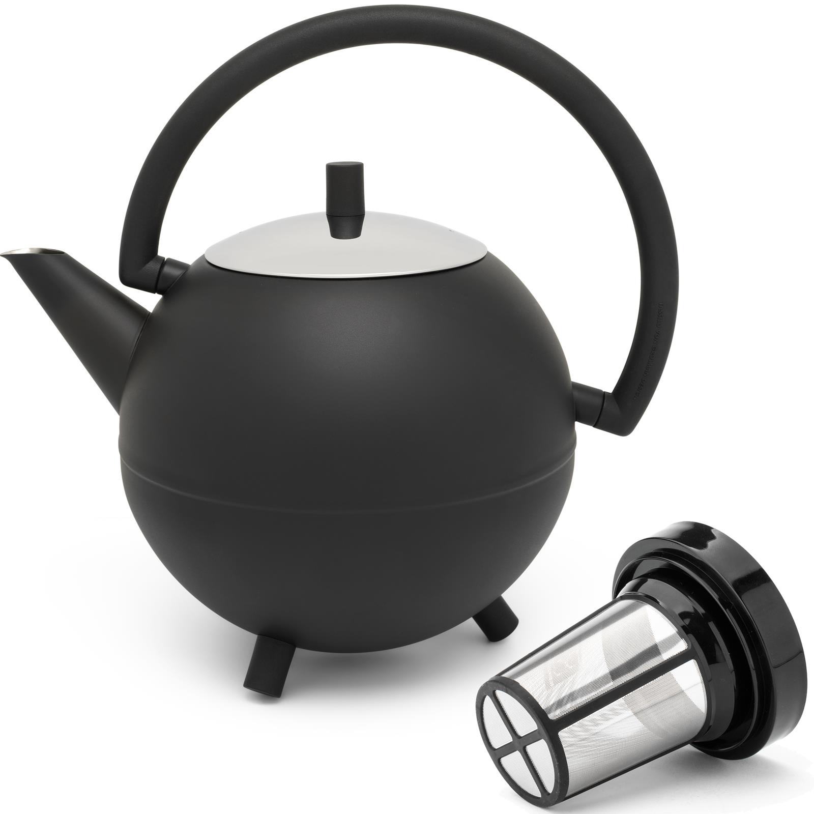 bauchige schwarze doppelwandige Teekanne Edelstahl 1.2 L Filter | MM-ComSale