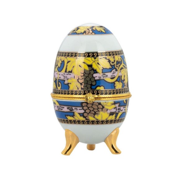 Porzellan Mini Dose Ø 6x10 cm in Ei-Form auf 3 Füßen klappbare Schmuckdose mit Weinrebendekor