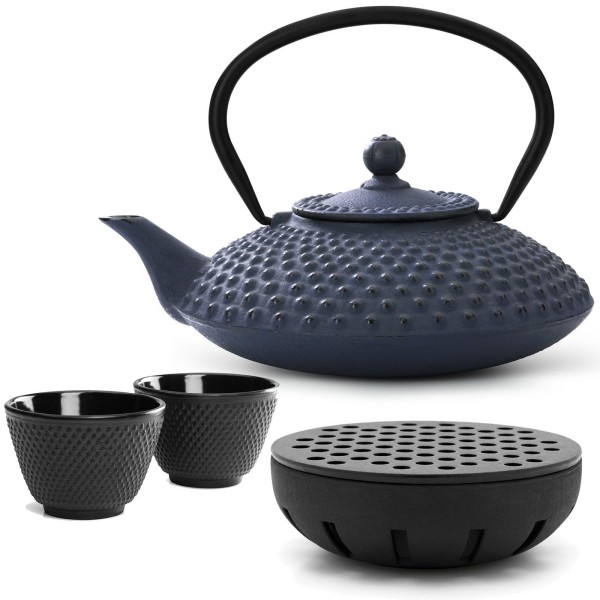 Bredemeijer Gusseisen Teekanne 1250 ml blau Teekannen Set mit Teewärmer & 2 Teebecher
