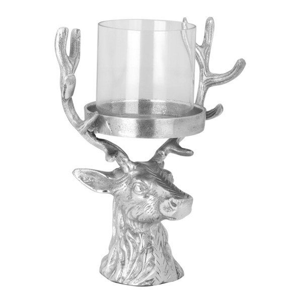 Windlicht Hirschkopf 28 cm Kerzenständer aus Aluminium mit Glas für Stumpenkerzen