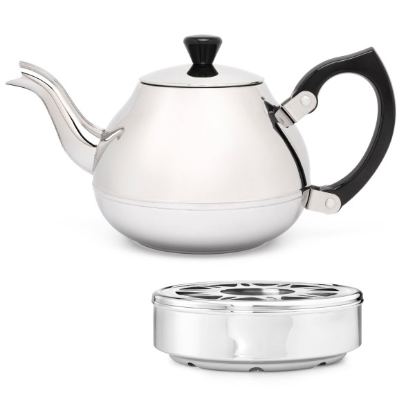 glänzende einwandige Edelstahl Teekanne 0.75 L schwarzer Griff & runder Teewärmer