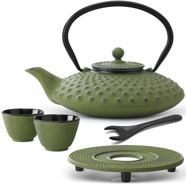 Bredemeijer grüne gusseiserne Teekanne Set mit Untersetzer 2 Becher & Deckelheber