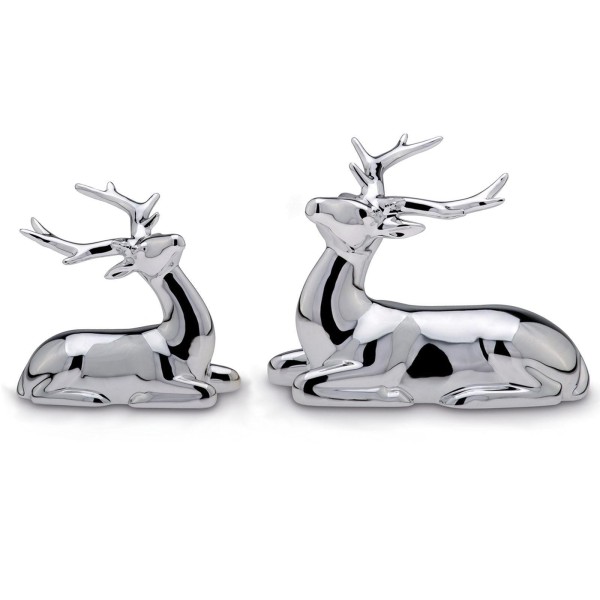 Silbernes Deko Rentier Paar liegend 2-teiliges Figuren Set aus Porzellan