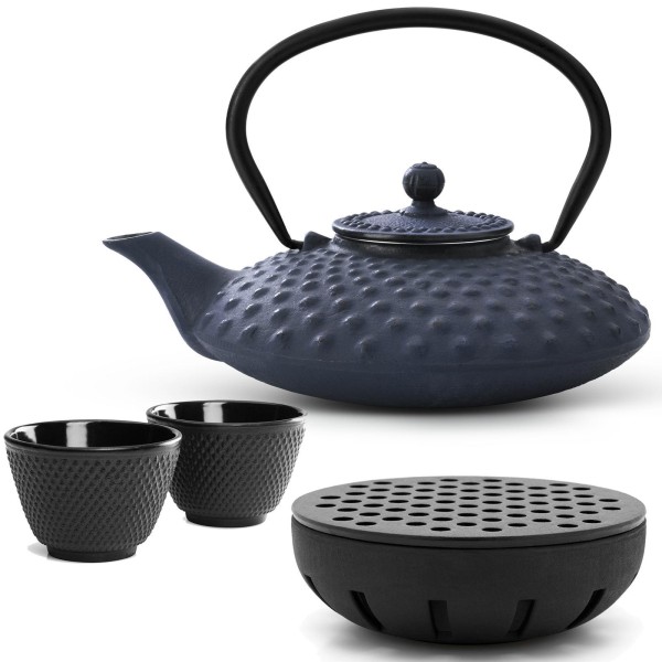 Bredemeijer Gusseisen Teekanne 800 ml blau Teekannen Set mit Teewärmer & 2 Teebecher