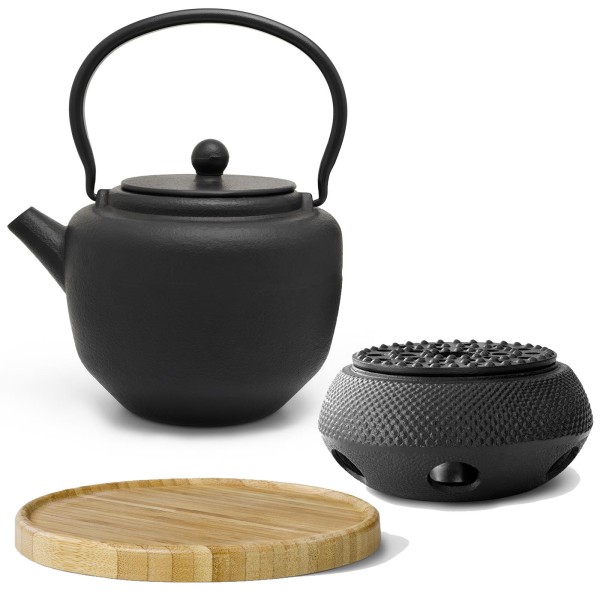 schwarzes asiatisches Guss Teekannen Set 1.3 Liter mit braunem Holzuntersetzer und Stövchen