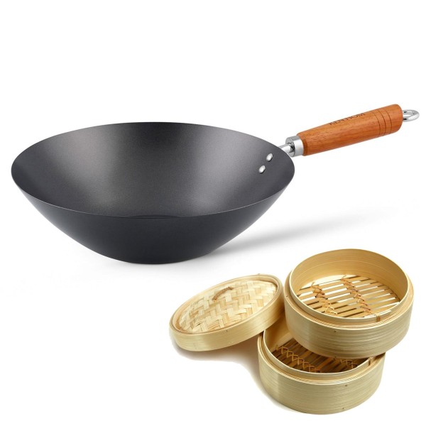 Ken Hom großer Wok 31 cm mit Holzgriff Set Antihaft Karbonstahl & Dampfkorb Ø 20 cm