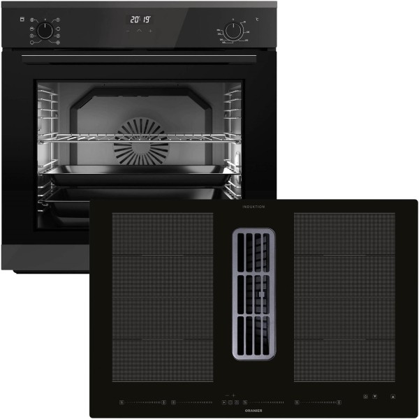 Oranier Einbau-Backofen Set autark & 80 cm Flächen-Induktion Kochfeld KFA690 mit Dunstabzug EBS420 Knebel versenkbar, Soft Close