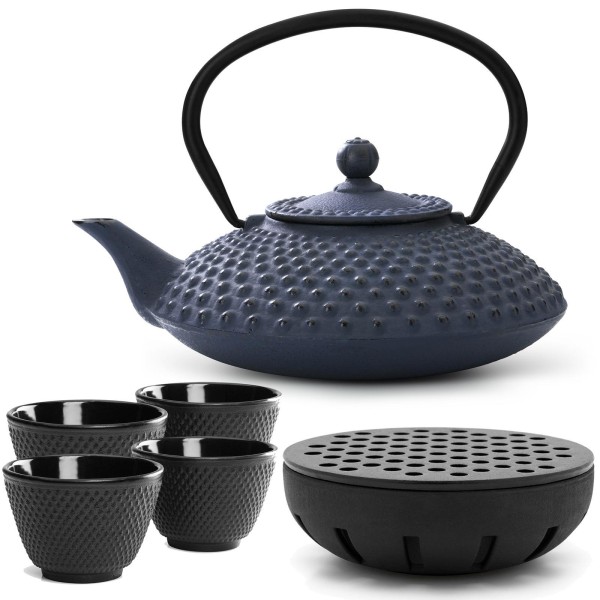Bredemeijer Gusseisen Teekanne 1250 ml blau Teekannen Set mit Teewärmer & 4 Teebecher