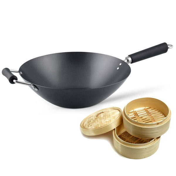 Ken Hom Antihaft Wok Induktion 35 cm Set Karbonstahl Phenolharz-Griff & Dampfkorb Ø 20 cm