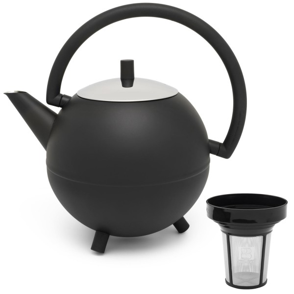 bauchige schwarze doppelwandige Edelstahl Teekanne 1.2 Liter & Teefilter-Sieb