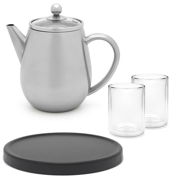 Bredemeijer Mini Teekanne 0.5 Liter silber doppelwandig mit 2 Glas-Teebecher & schwarzem Untersetzer