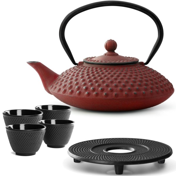 Bredemeijer Guss Teekanne 1250 ml rot Teekannen Set mit Gusseisen Untersetzer & 4 Teebecher