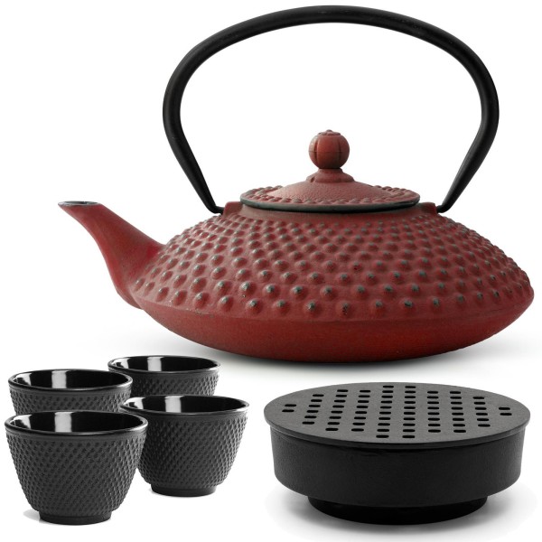 Bredemeijer gusseiserne Teekanne 1250 ml rot Teekannen Set mit Guss Stövchen & 4 Teebecher