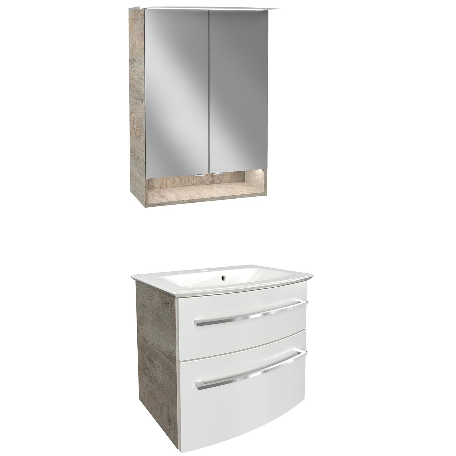 Spiegelschrank 3-tlg. 60 Gussbecken & B.Style weiß-dunkelbraun Fackelmann cm Badmöbel Set & | MM-ComSale LED
