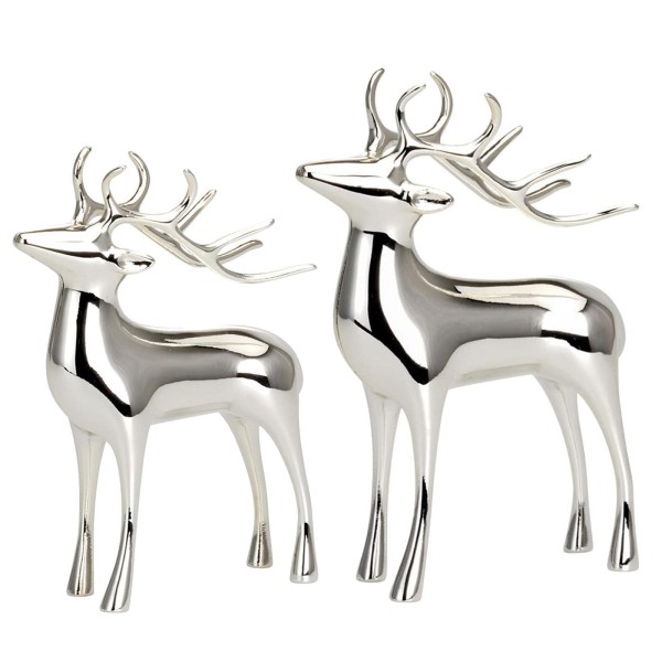 Großes stehendes Deko Rentier Paar Metall versilbert 2-teiliges Wildfiguren Set