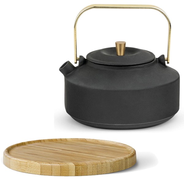 Bredemeijer Teekanne 1,0 Liter schwarze Kanne mit goldfarbenen Henkel & braunem Untersetzer