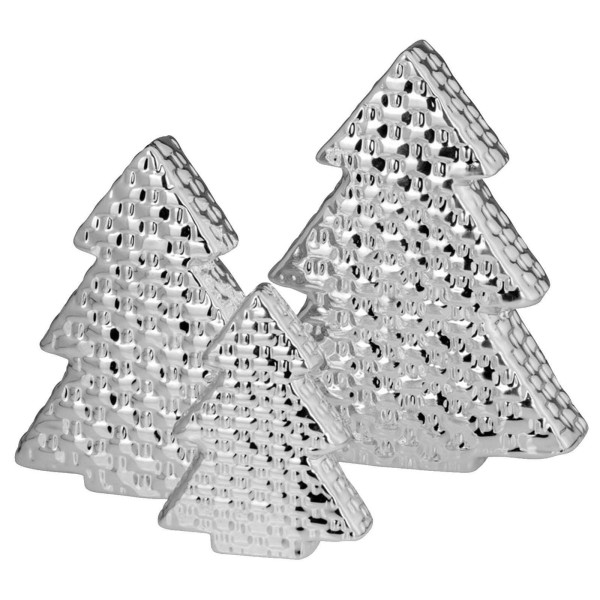 Deko Tannenbaum Set 20, 16,5 & 12 cm Porzellan silberne Weihnachtsbäume in Glanz-Optik