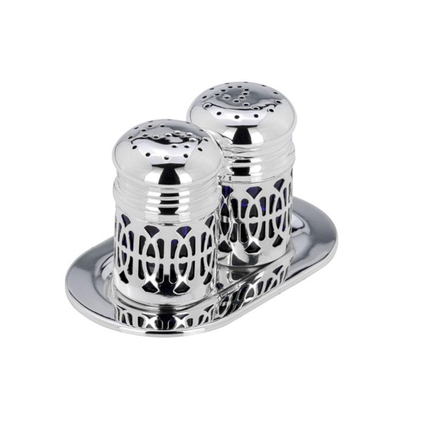 Mini Streuer Paar je 7 x Ø 4 cm auf ovalem Tablett 3-tlg. versilbertes Salzstreuer Pfefferstreuer Set